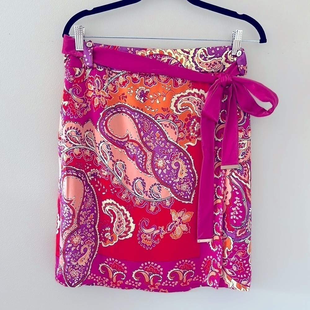 Etcetera Silk Paisley Wrap Skirt Sz 10 Office Contemporary Chic Colorful Western